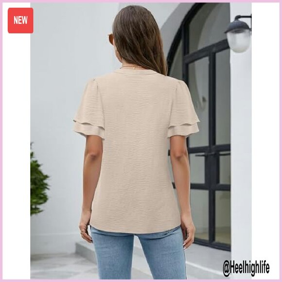 Ruffle Sleeve Zipper V-Neck Blouse - Work Office Casual Top - Picture 7 of 8